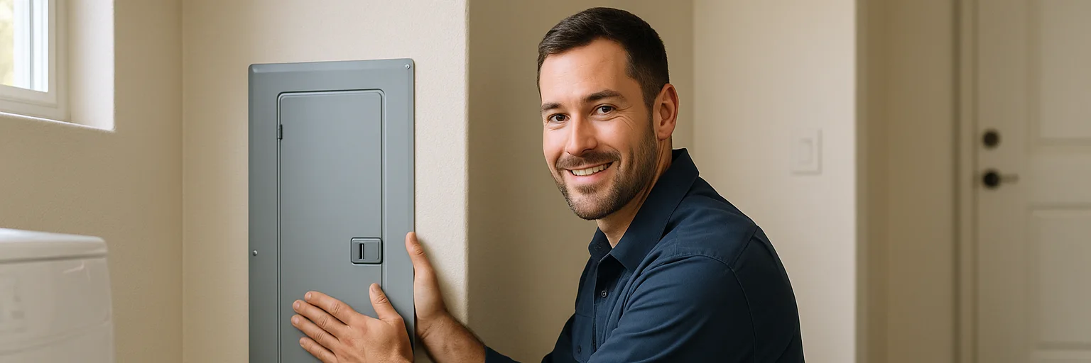 A professional electrician servicing a home electrical panel in Central New Jersey