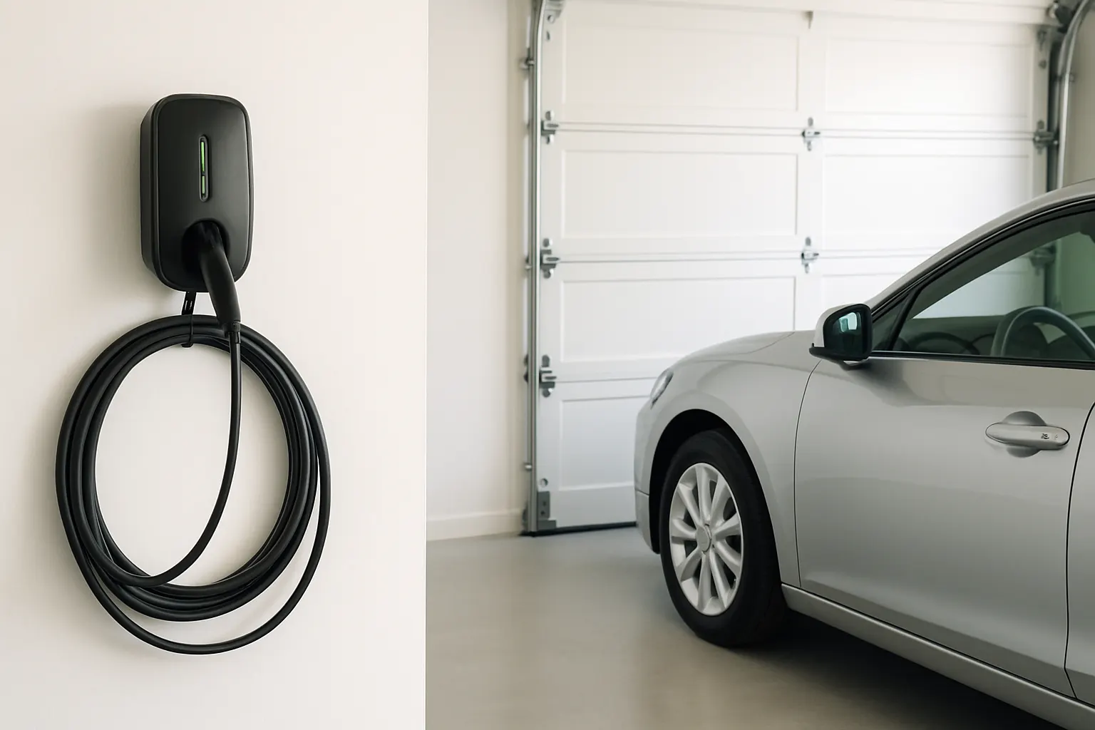 A Level 2 EV charger installed on a residential garage wall