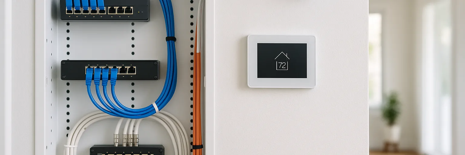 A smart-home control panel and neat structured network wiring installed by an electrician